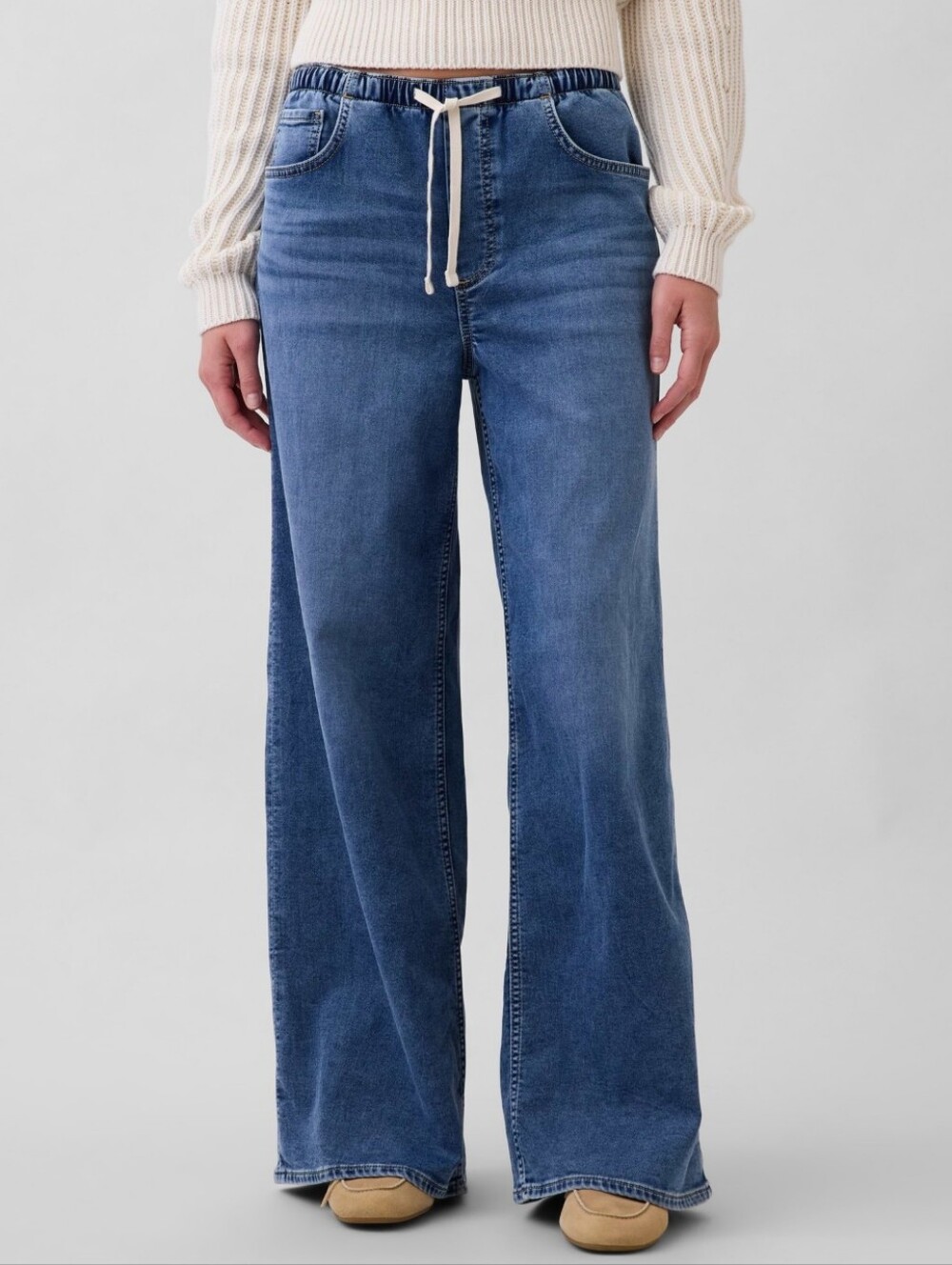GAP Mid Rise Knit Easy Baggy Jeans Drawstring Large Petite Mediun Indigo NWT